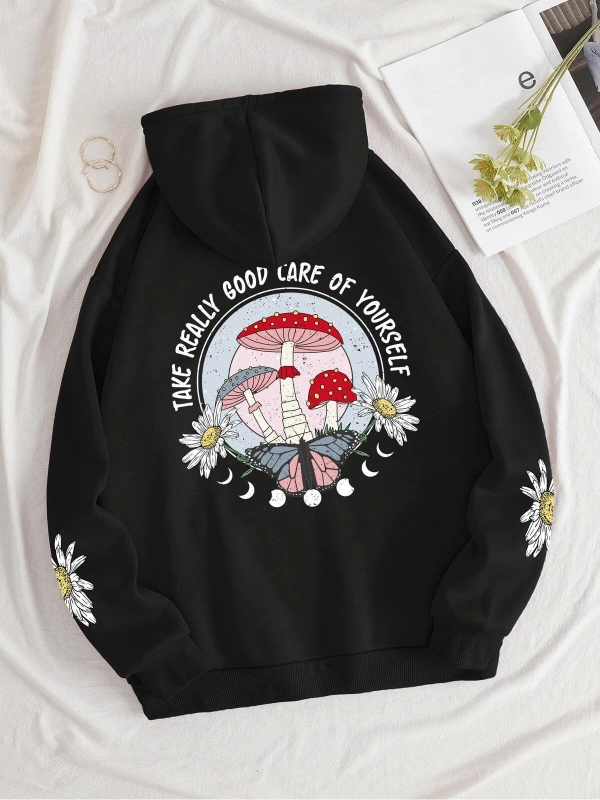 Mushroom & Slogan Graphic Kangaroo Pocket Drawstring Hoodie Siyah