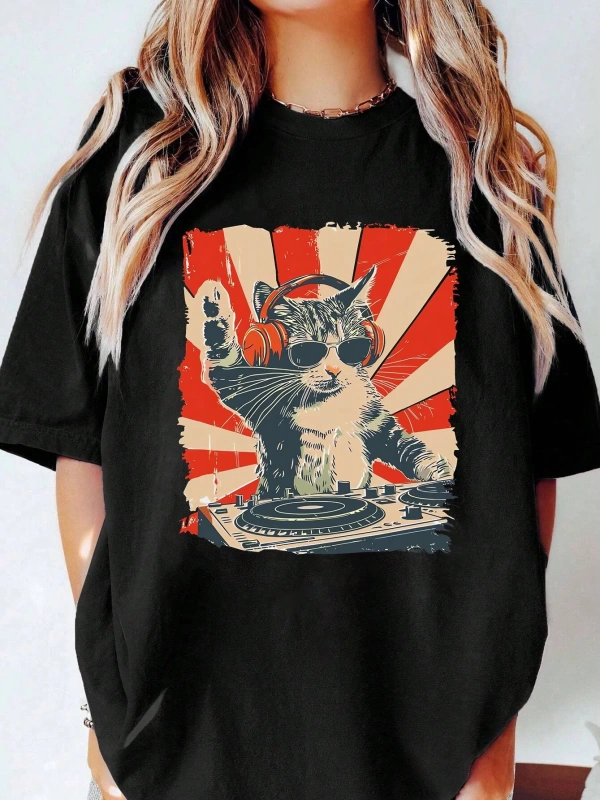 Müzik Festivali Kadın Yaz DJ Kedi Sever Grafik Baskı Rahat Basit Müzik Festivali Kişiselleşti