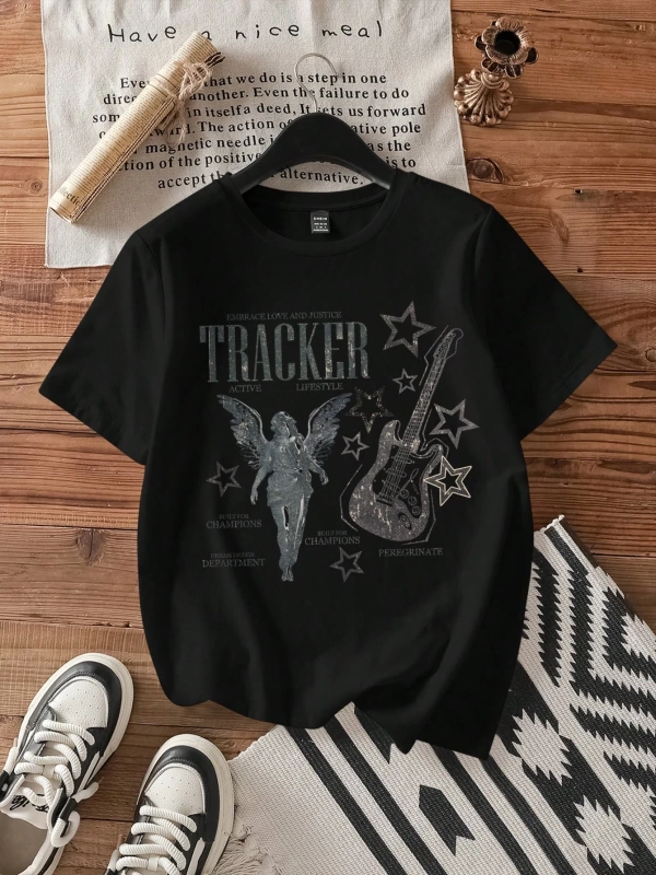 Müzik Festivali Rahat Bol Gitar Melek Grafik Yuvarlak Yaka Kısa Kollu Kadın Tişörtü,