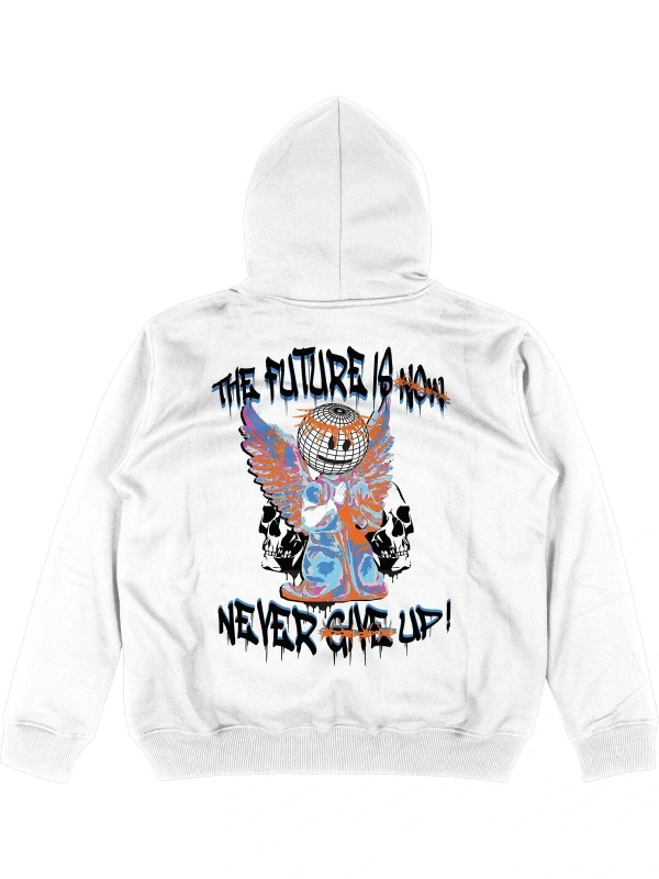 Never Give Up Beyaz Oversize Unisex Kapüşonlu Sweatshirt Hoodie