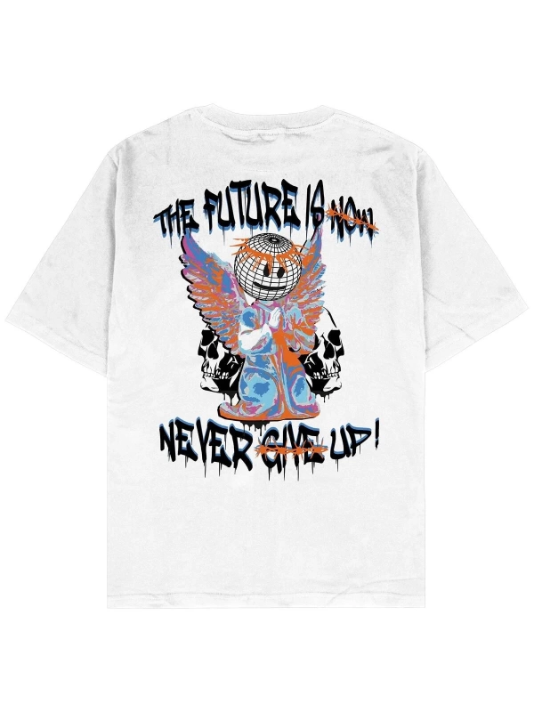 Never Give Up Beyaz Oversize Unisex T-shirt