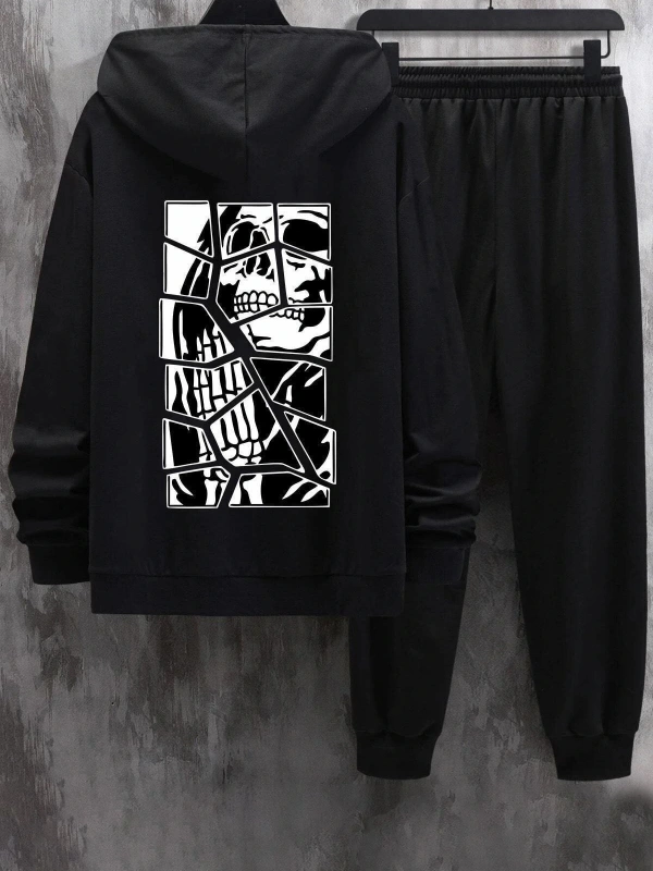 NEW MODA Unisex Skullcracked Baskılı Eşofman Takımı KP-SİYAH-DECCAL-ESH-DÜZ12