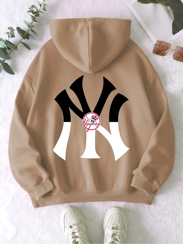 NY Renkli Baskılı Oversize Kapüşonlu Sweatshirt Bej