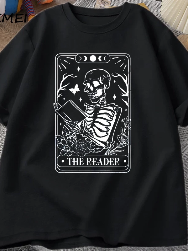 Okuyucu Tarot Kartı T-Shirt İskelet Okuma T Shirt Yaz Pamuk Kitap Sevgilisi Bookish Tshirt Er 2862
