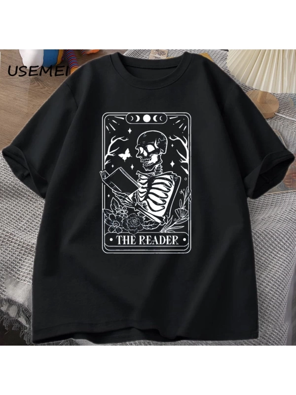 Okuyucu Tarot kartı T-Shirt iskelet okuma T Shirt yaz pamuk kitap sevgilisi Bookish Tshirt er