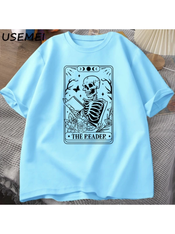 Okuyucu Tarot kartı T-Shirt iskelet okuma T Shirt yaz pamuk kitap sevgilisi Bookish Tshirt er