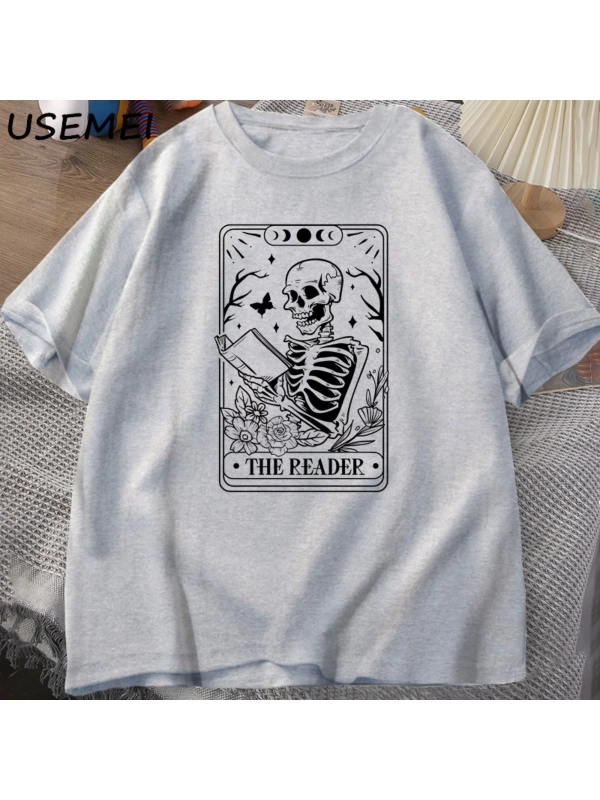 Okuyucu Tarot kartı T-Shirt iskelet okuma T Shirt yaz pamuk kitap sevgilisi Bookish Tshirt er