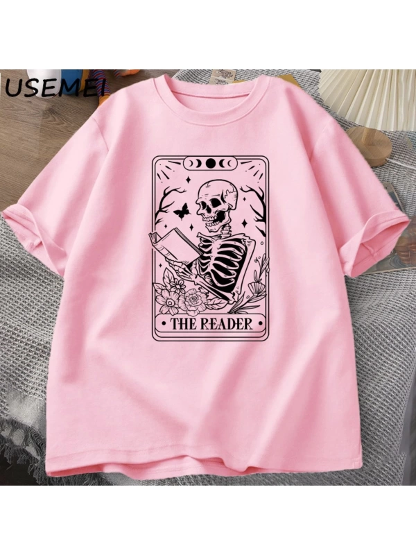 Okuyucu Tarot kartı T-Shirt iskelet okuma T Shirt yaz pamuk kitap sevgilisi Bookish Tshirt er