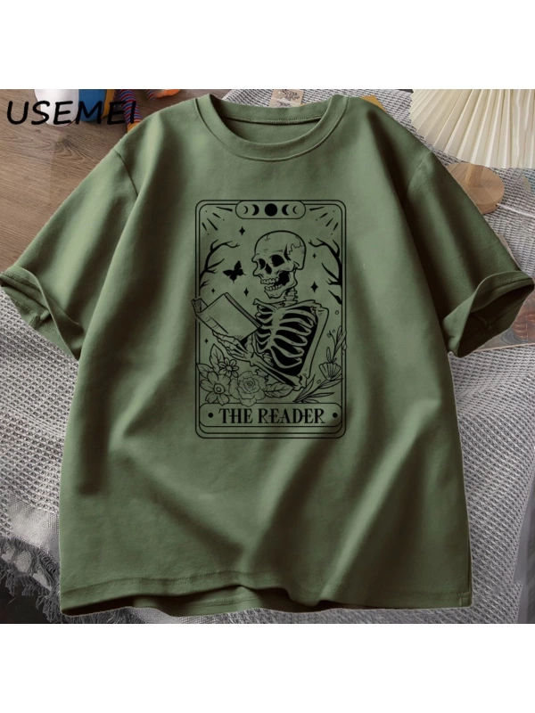 Okuyucu Tarot kartı T-Shirt iskelet okuma T Shirt yaz pamuk kitap sevgilisi Bookish Tshirt er