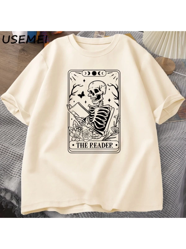 Okuyucu Tarot kartı T-Shirt iskelet okuma T Shirt yaz pamuk kitap sevgilisi Bookish Tshirt er