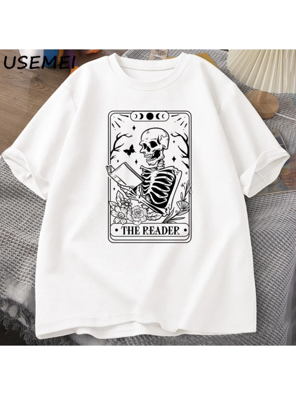 Okuyucu Tarot kartı T-Shirt iskelet okuma T Shirt yaz pamuk kitap sevgilisi Bookish Tshirt er