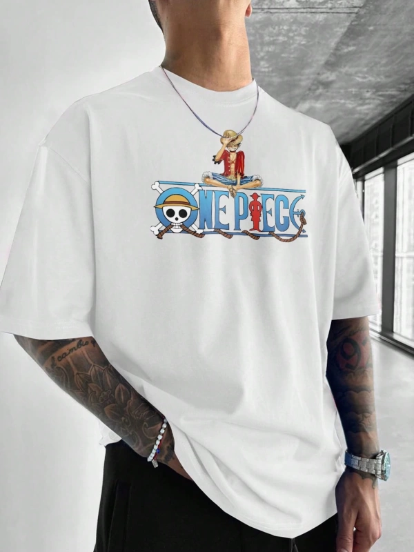 ONE PIECE Karikatür Baskılı Kısa Kollu Tişört, Rahat Yaz Erkek