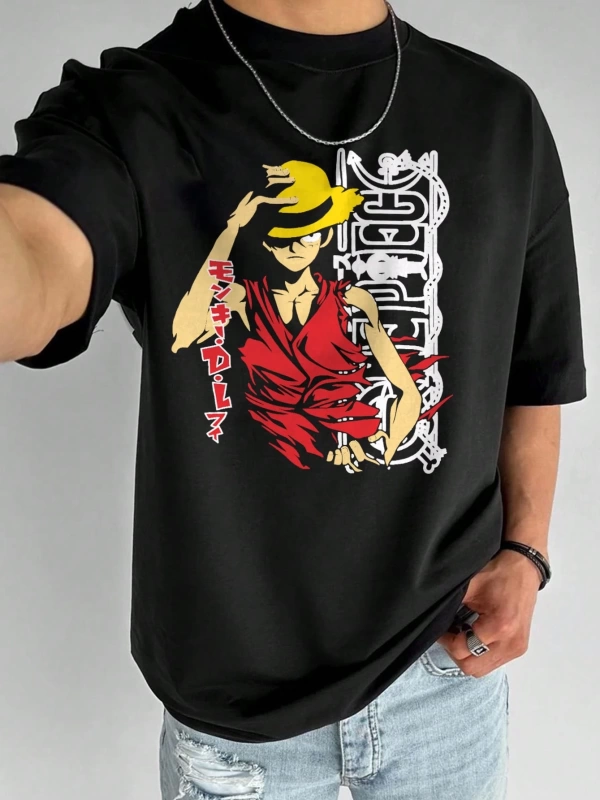 ONE PIECE Karikatür Baskılı Kısa Kollu Tişört, Rahat Yaz Erkek