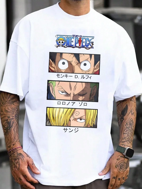 ONE PIECE ONE PIECE Karikatür Baskılı Kısa Kollu Tişört Erkekler İçin, Yazlık Günlük