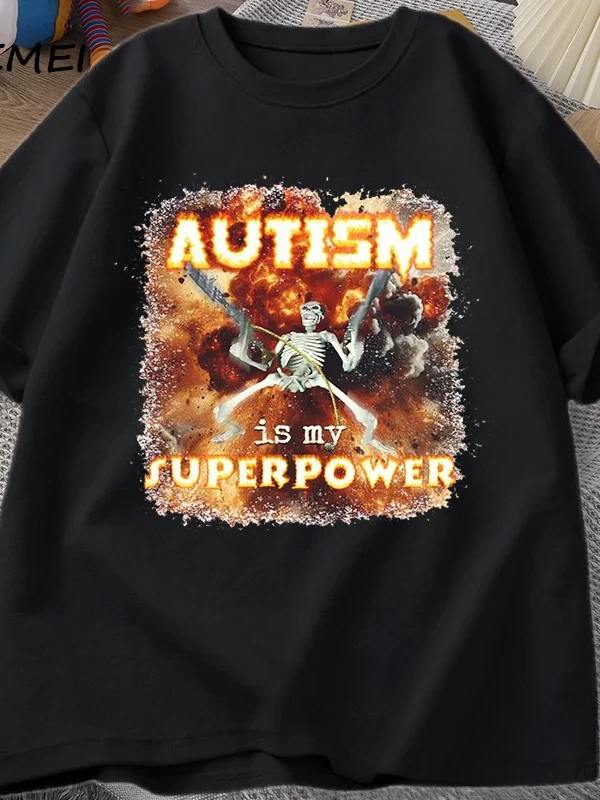 Otizm Süper Güç Komik İskelet Meme T Shirt Garip Belirli Saldırgan T Shirt Erkekler Rahat Pam 2986
