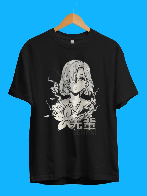 Oversize Anime Manga Karakter Siyah Beyaz Tasarım Baskılı Unisex Tişört