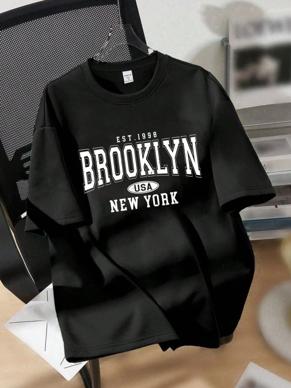 Oversize Brooklyn Grafik Baskılı Yuvarlak Yaka Kısa Kollu Tişört, Rahat Bol Kesi