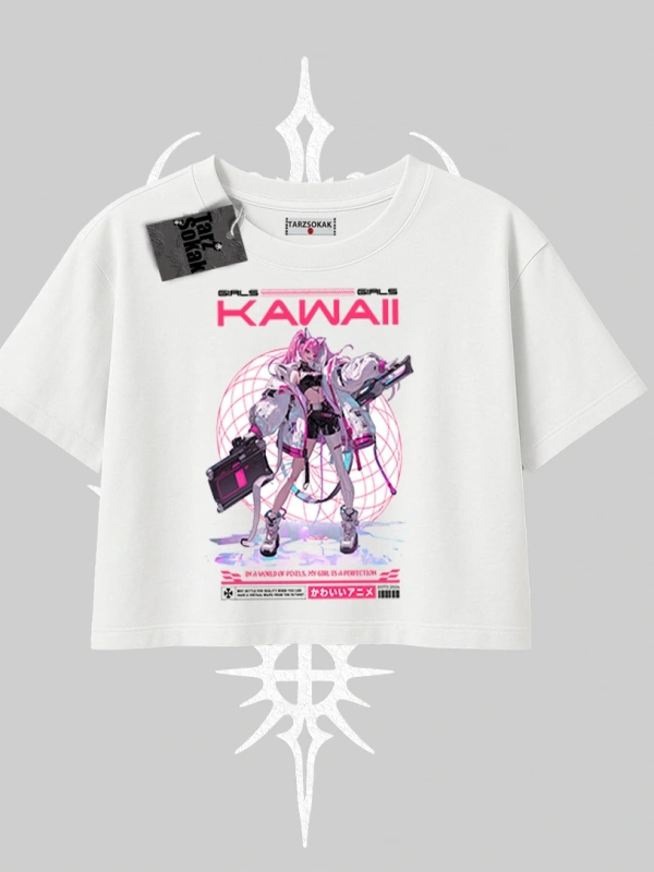 Oversize Crop Tshirt Kawaii Cyberpunk Kız Japon Stil Baskı