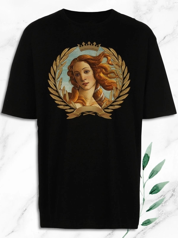 Oversize Mitoloji Güzellik Tanrıçası Venüs Heykel Baskılı Siyah   T-Shirt