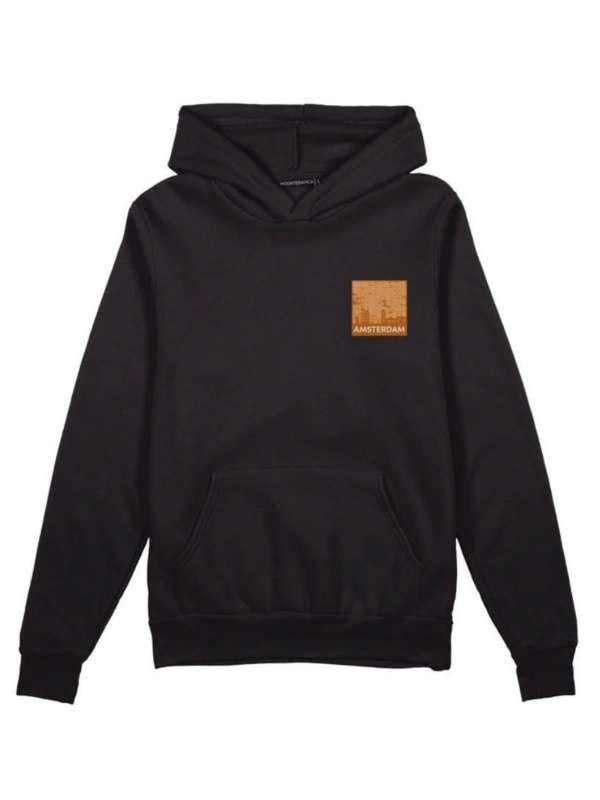 Oversıze Sıyah Amsterdam Baskılı Kapşonlu Kanguru Cepli Unisex Pamuklu Sweatshirt Siyah