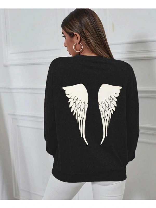 Oversıze Sıyah Angel Ön Ve Arka Baskılı 0 Yaka Kapşonsuz Pamuklu Sweatshirt Siyah