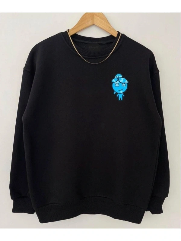 Oversıze Sıyah Ateş Su Baskılı 0 Yaka Kapşonsuz Pamuklu Sweatshirt Siyah