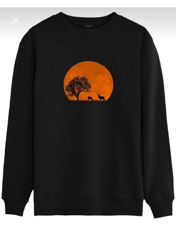 Oversıze Sıyah Savana Baskılı 0 Yaka Kapşonsuz Pamuklu Sweatshirt Siyah