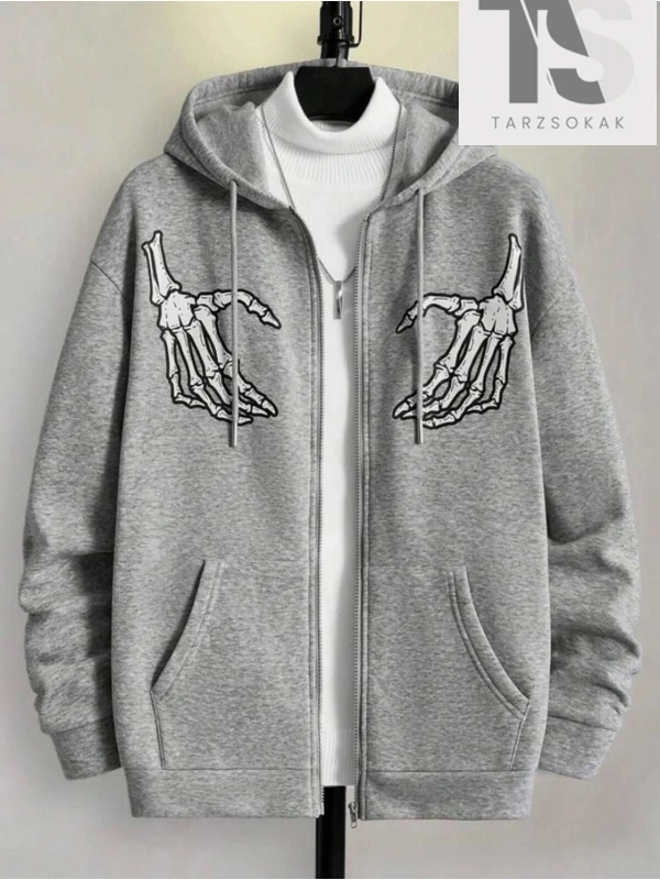 Oversize Unisex Gri İskelet Baskılı