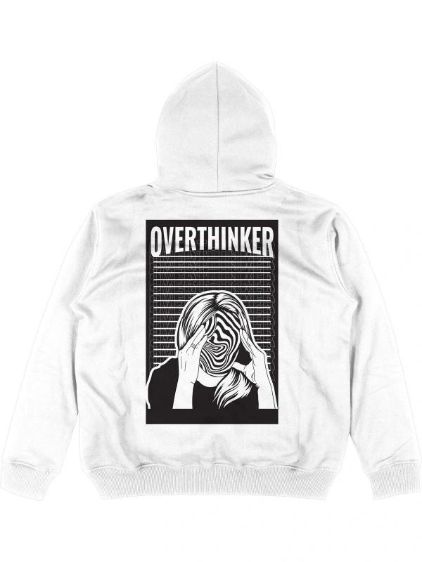 Overthinker Beyaz Oversize Unisex Kapüşonlu Sweatshirt Hoodie