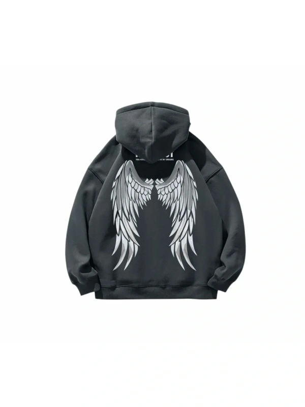 Özel Tasarım Kapüşonlu Çift Kanat Sırt Baskılı Tam Kışlık Oversize Kadın Sweatshırt Gri