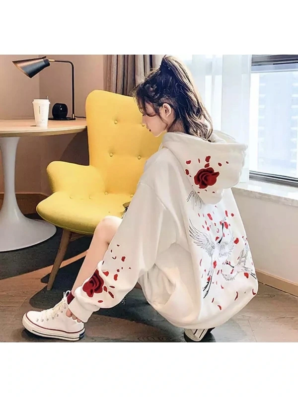 Özel Tasarım Kapüşonlu Fermuarlı Red Rose Baskılı Süper Oversize Kadın Ceket-sweats Beyaz