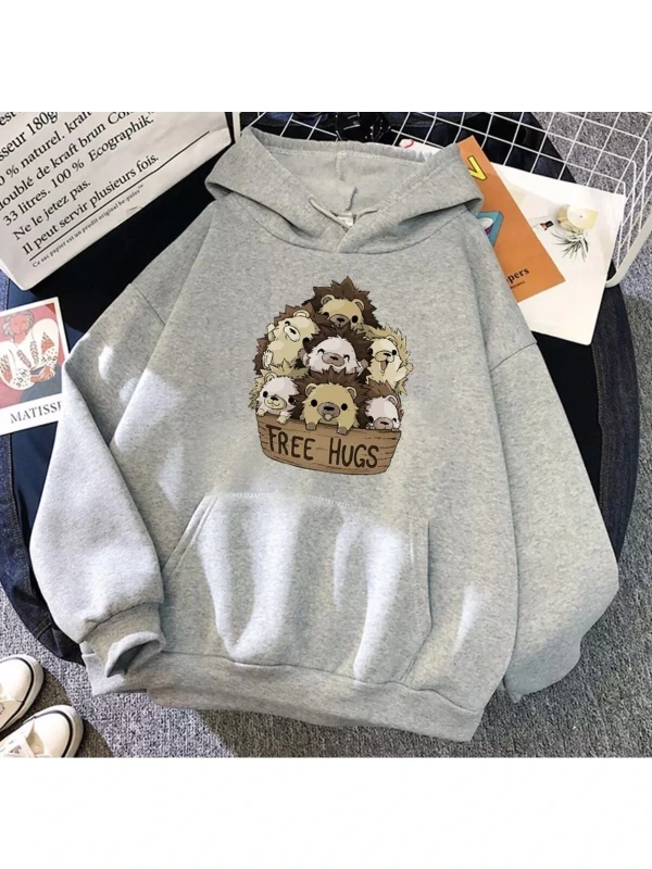 Özel Tasarım Kapüşonlu Free Hugs Sepette Kirpiler Baskılı Süper Oversize Kadın Swea Gri