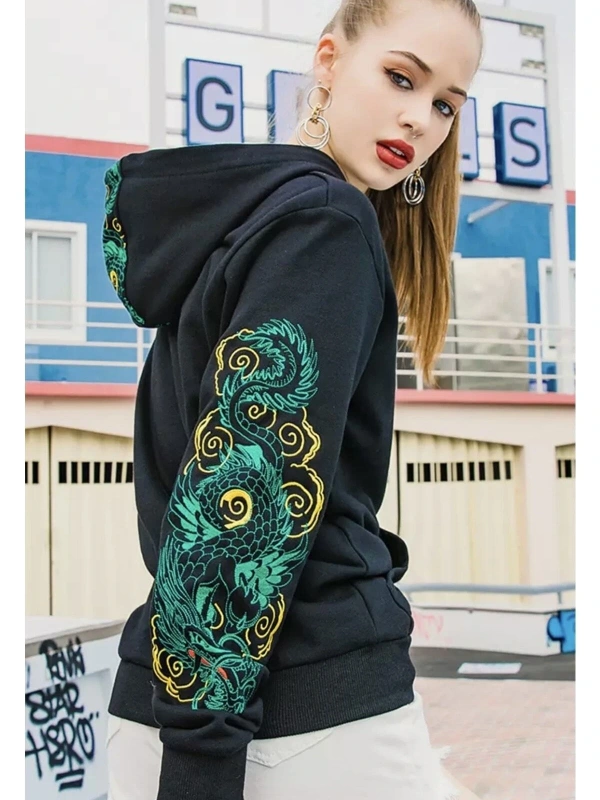 Özel Tasarım Kapüşonlu Japon Zümrüt Ejderha Baskılı Oversize Kadın Hoodie-sweatshır Siyah