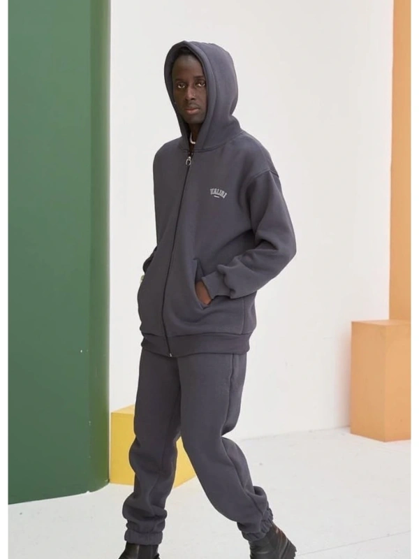 Özel Tasarım Kapüşonlu Tam Fermuarlı Valırı Baskılı Kışlık Oversize Erkek Eşofman Takımı