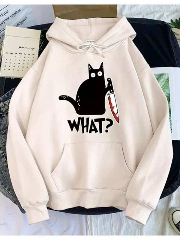 Özel Tasarım Kapüşonlu What ? Kedi Baskılı Tam Kışlık Süper Oversize Kadın Sweatshı Beyaz