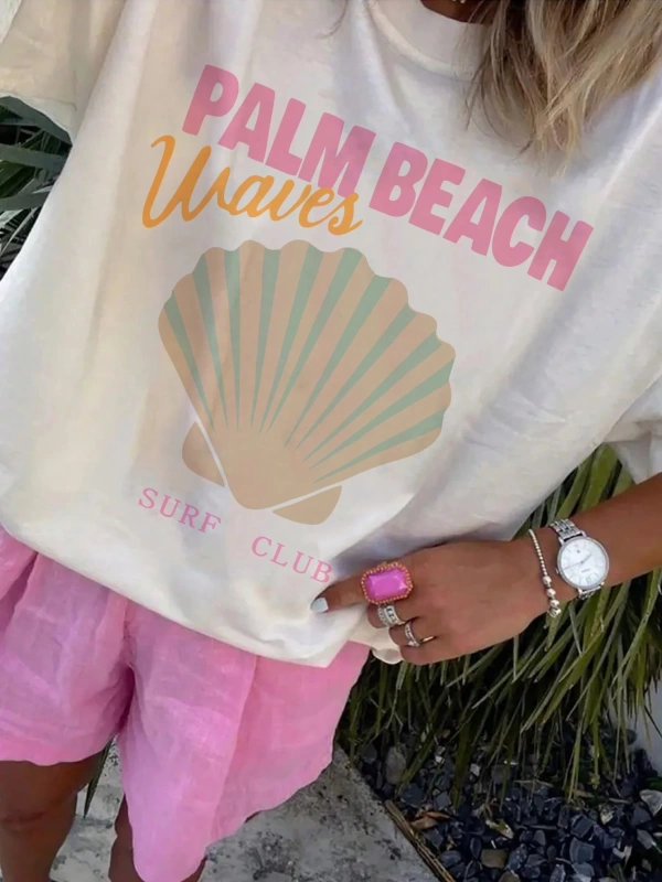 Palm Beach Waves Surf Club Grafik Tişört, Alfabe Baskılı Rahat Mürettebat Yaka Tişört, Normal