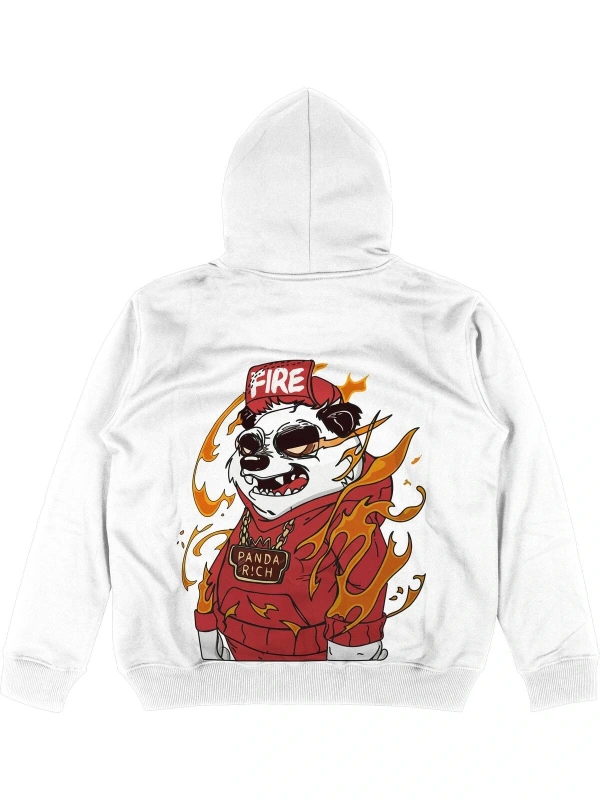Panda Fire Oversize Unisex Kapüşonlu Sweatshirt Hoodie Beyaz
