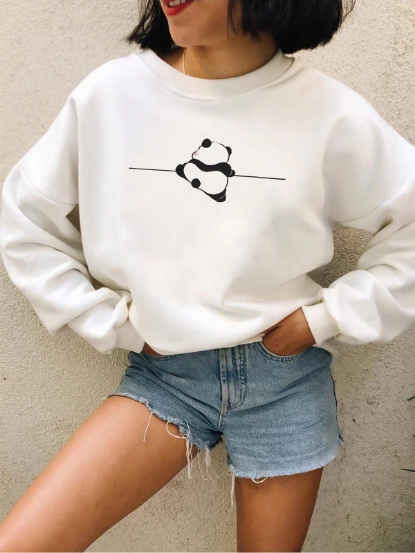 Panda Print Drop Shoulder Sweatshirt Beyaz