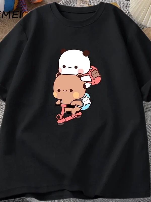 Panda ve Brownie ayı çift bisiklet sürme t-shirt boy komik karikatür T Shirt erkekler pamuk O 3040