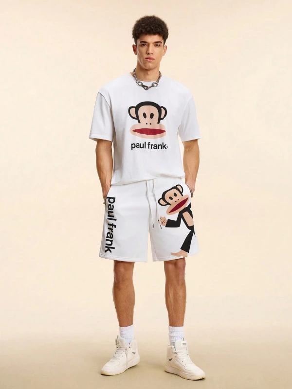 Paul Frank X SHEIN Erkek Yazlık Rahat Harf ve Maymun Baskılı Bağcıklı Bel Şortu