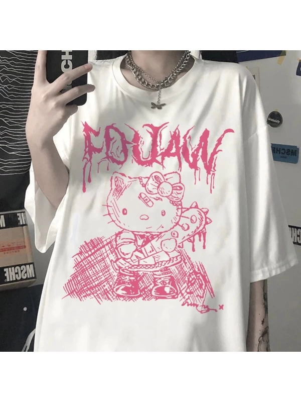 Pembe Baskılı Veteran Hello Kitty Beyaz T-shirt Et1906p