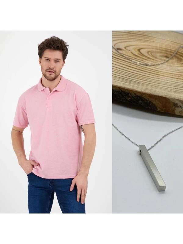 Pembe Dar/slim Fitt Polo Yaka Tshirt Ve Kolye