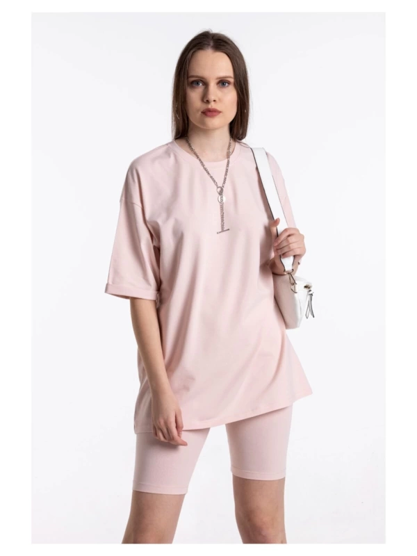 Pembe Renkli, Düz, Kısa Kollu Boyfriend Örme T-shirt
