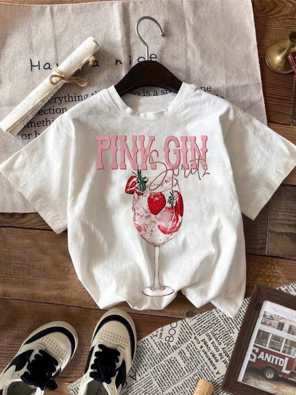 PINK GIN SPRITZ Y2K Desen Kadın Rahat Yuvarlak Yaka Kısa Kollu Tişört