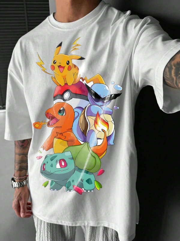 pokemon Erkek Karikatür Baskılı Yuvarlak Yaka Kısa Kollu Günlük Tişört
