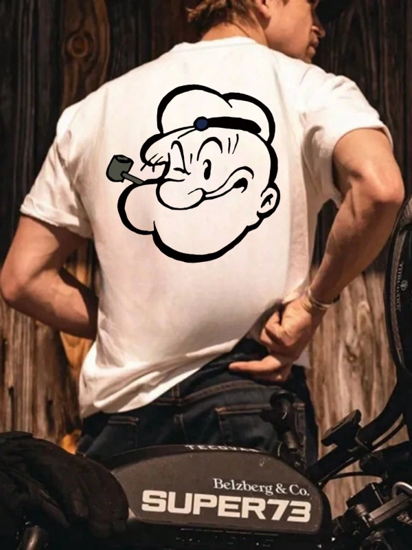 Popeye Collab Erkek Günlük Karikatür Baskılı Kısa Kollu Tişört, Yaz