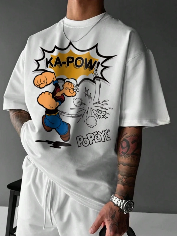 Popeye Collab Erkek Günlük Karikatür Baskılı Kısa Kollu Tişört, Yaz