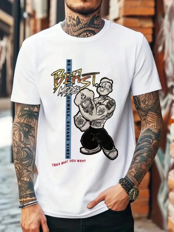 Popeye Collab Erkek Günlük Karikatür Baskılı Kısa Kollu Tişört, Yaz