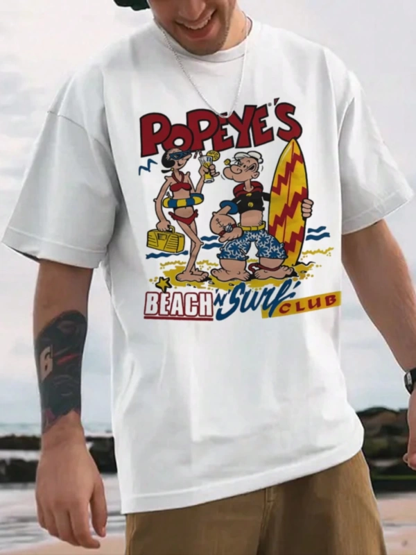 Popeye İşbirliği Erkek Günlük Karikatür Baskılı Kısa Kollu Tişört, Yaz