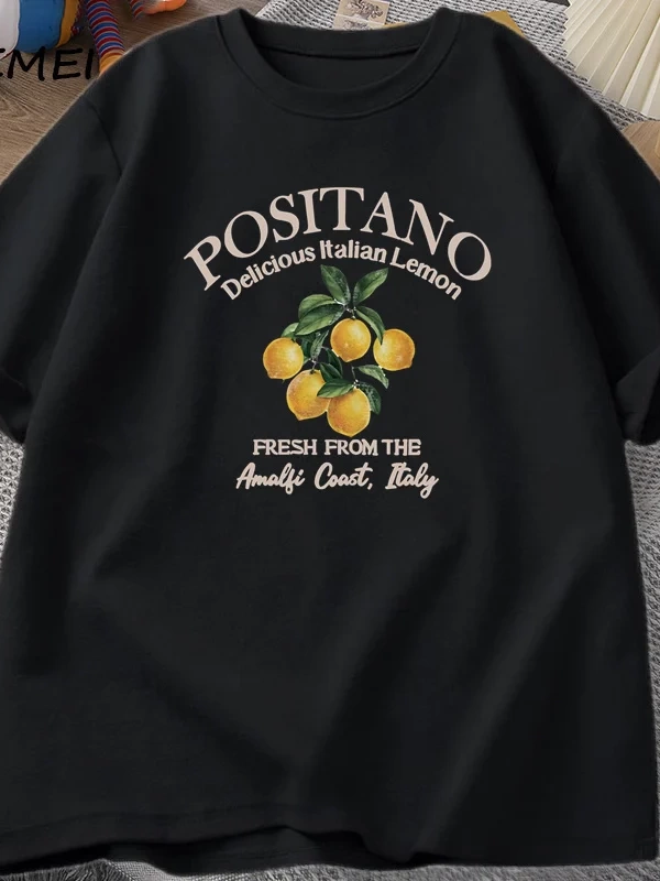 Positano Limon T-shirt İtalyan Limon Baskılı Pamuklu kısa kollu tişört Tees Büyük Boy Üstleri 2943